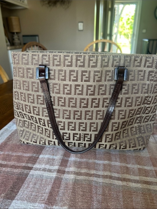 Fendi Handbags - Fendi Beige and Brown FF Logo Canvas Tote with Dark Brown Straps